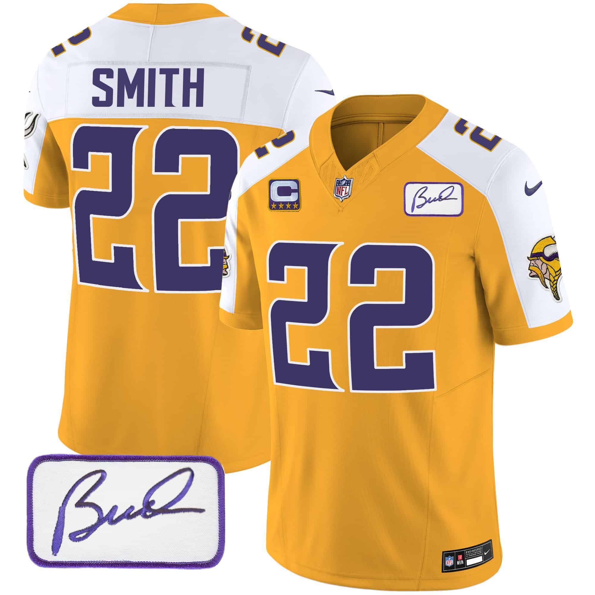 Men Minnesota Vikings #22 Smith Yellow 2024 Nike Bud Grant Patch Classic Limited NFL Jersey style 1